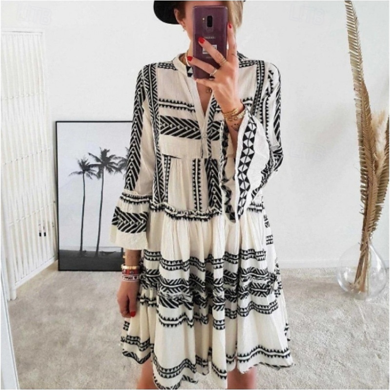 Damskie Sukienka mini Codzienne sukienki Sukienka Boho Moda Rozkloszowany mankiet Na zewnątrz Impreza Święto Regularny Tenké Długi rękaw Półgolf Czarny Żółty Niebieski Lato 2025 - $26.99 –P2