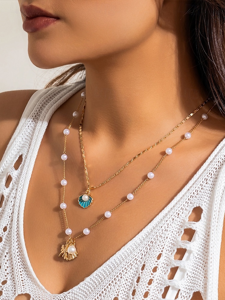 Women's Summer Beach Necklace with Pearl, Shell and Starfish Charms – Gold-Plated Layered Necklace for Vacation, Casual Outfits and Special Occasions 2025 - $11.99 –P3