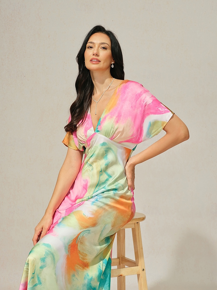 robe d'invitée de mariage pour femme, imprimé ombré, col en V, robe midi élégante, rendez-vous, manches courtes, coupe régulière, vacances, quotidien, robe d'été de 2025 ? $59.99 –P6