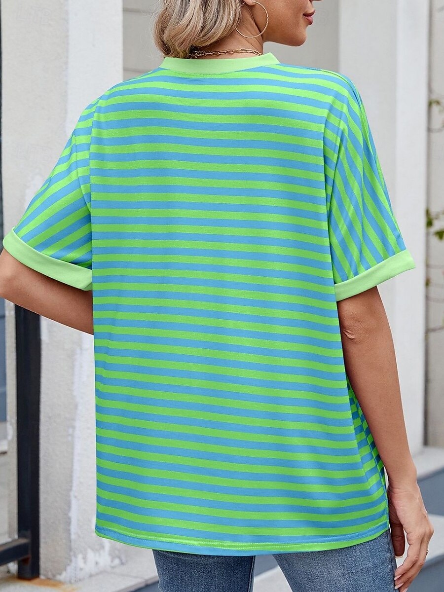 Femmes T-shirt Rayé Mode Élégant Moderne Manche Courte Col ras du cou Hauts Réguliers Quotidien Week-end Imprimé Noir Rouge Bleu Vert Été de 2025 ? $16.99 –P18