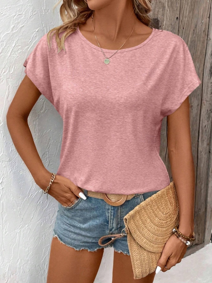 Damen T-Shirt Einfarbig Einfach Mode Modern Lässig Kurzarm Rundhalsausschnitt Regulär Oberteile Täglich Wochenende Spitze Patchwork Schwarz Weiß Pink Khaki Sommer 2025 - $18.99 –P5