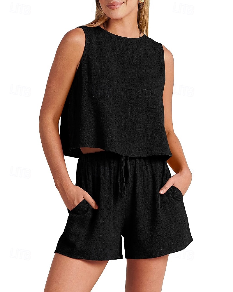 Damen Aktiv Basic Baumwoll-Leinen-Sets Bluse Shorts-Sets Ärmellos Rundhalsausschnitt Einfarbig Kordelzug Ausgehen Wochenende Schwarz Blau Orange Sommer Normale Passform 2025 - NZ $63.49 –P2