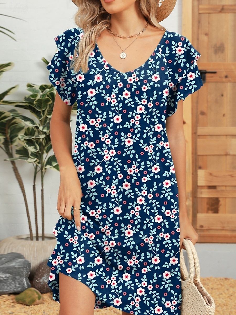 Damskie Sukienka mini Sukienka A line Letnie sukienki Codzienny Codzienny Regularny Kwiaty Krótki rękaw W serek Czarny Biały Rumiany róż Niebieski Lato 2025 - $21.99 –P8