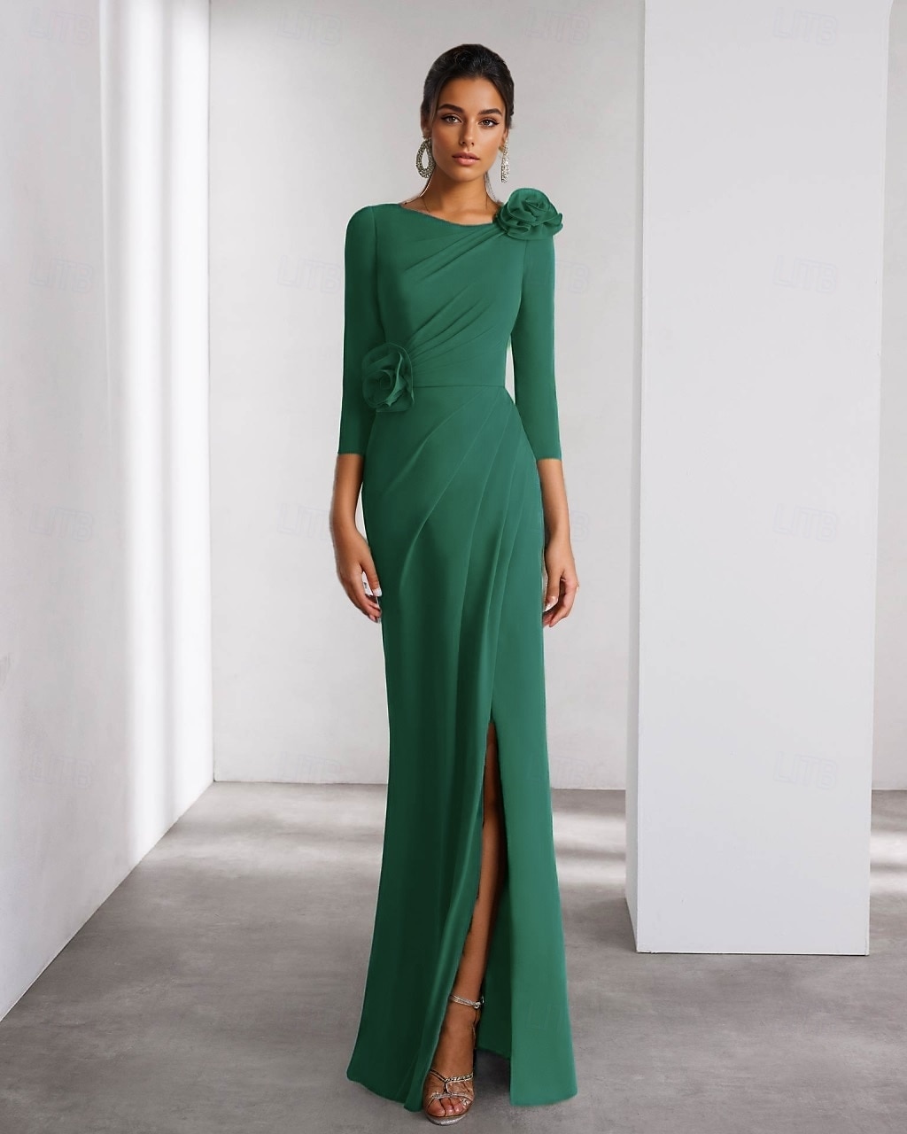 A-Line Evening Gown Elegant Dress Formal Wedding Floor Length Long Sleeve Crew Neck Detachable Stretch Crepe with Shouder Flower 2025 - $125.99 –P3