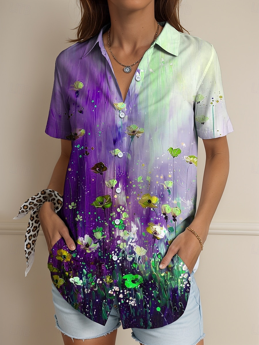 Femmes Chemise A Ombre Fleuri Graphique ancien Tropical Quotidien Sans manches Manche Courte Col de chemise Hauts Réguliers Quotidien Jaune Rouge Bleu Violet Été Printemps de 2025 ? $24.99 –P4