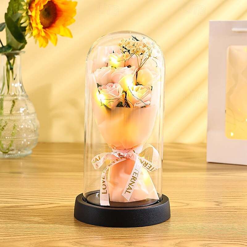 El ramo de rosas eternas, regalo para mamá, flores de jabón preservadas en cúpula de vidrio con luz, decoración de cumpleaños del día de la madre para mujeres 2026 - $15.99 –P14