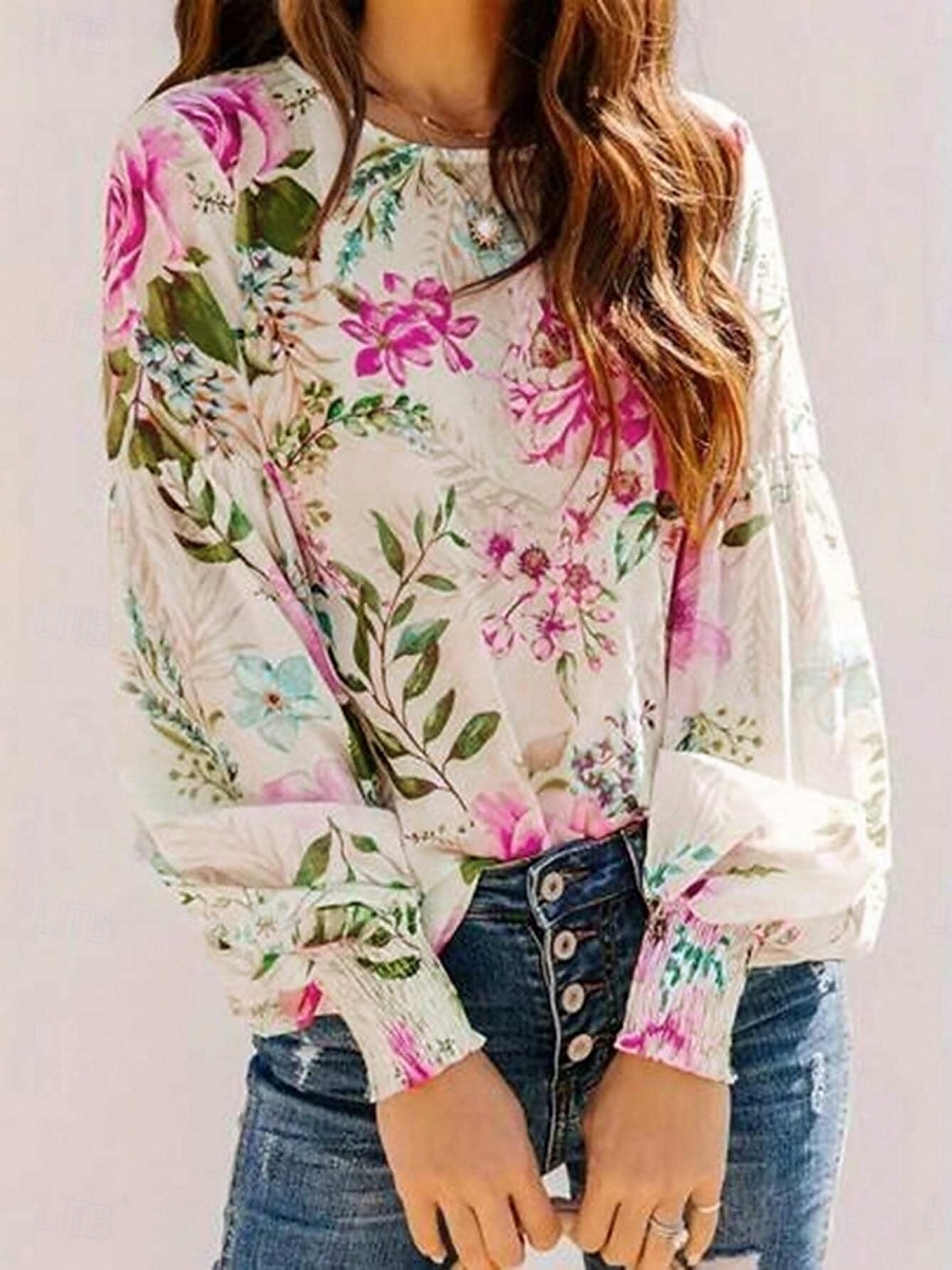 Dames Overhemd Afdrukken Bloemig Tropisch Stijlvol Casual Lange mouw Strakke ronde hals Normale tops Dagelijks Wit Blozend Roze Groen Zomer Lente 2026 - $22.99 –P1