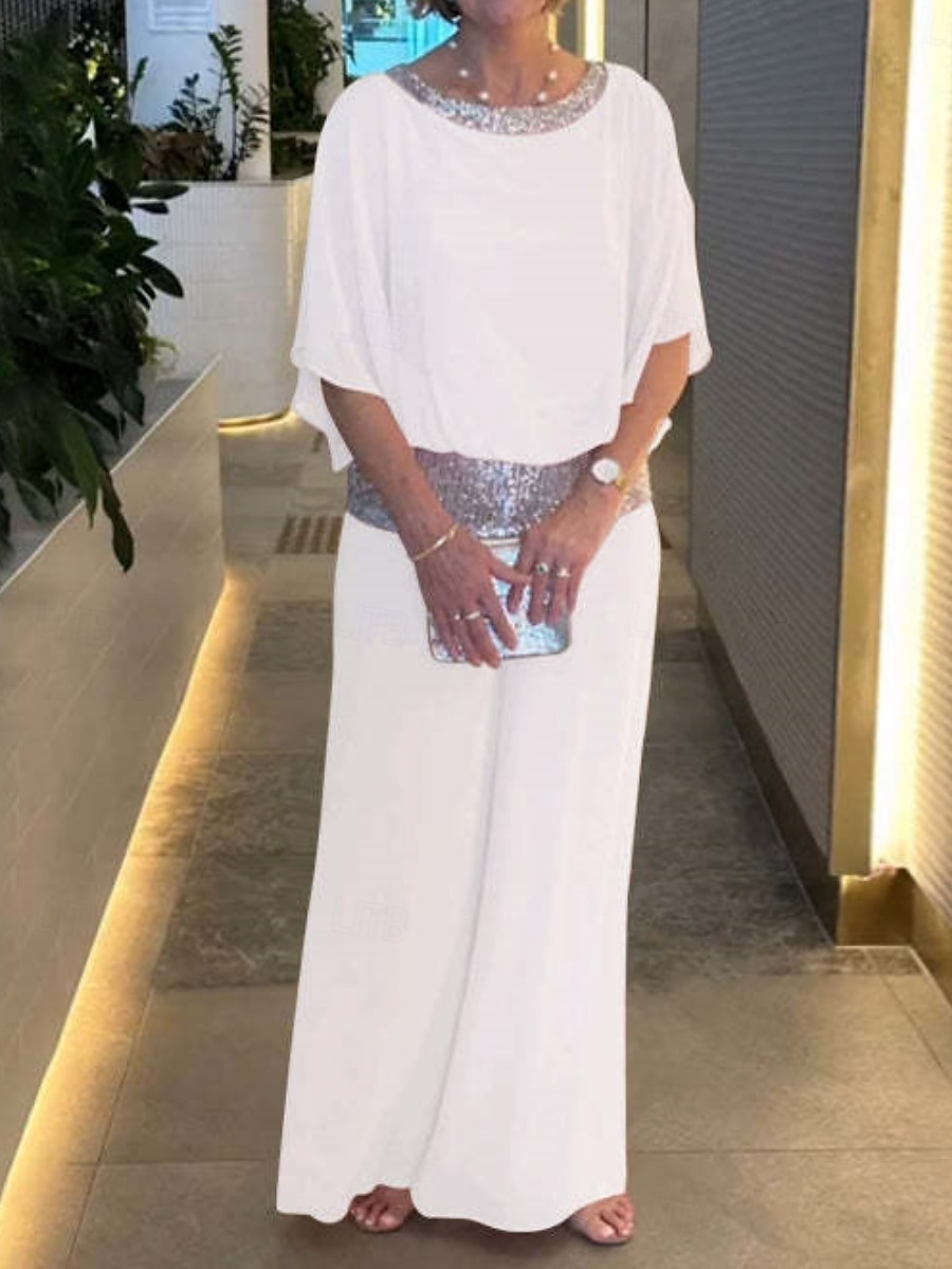 Ensembles de pantalons de mode 2 pièces pour femmes vêtements de rue quotidiens manches 3/4 col rond couleur unie sequins patchwork décontracté quotidien noir blanc rose été coupe régulière de 2025 ? $37.99 –P12