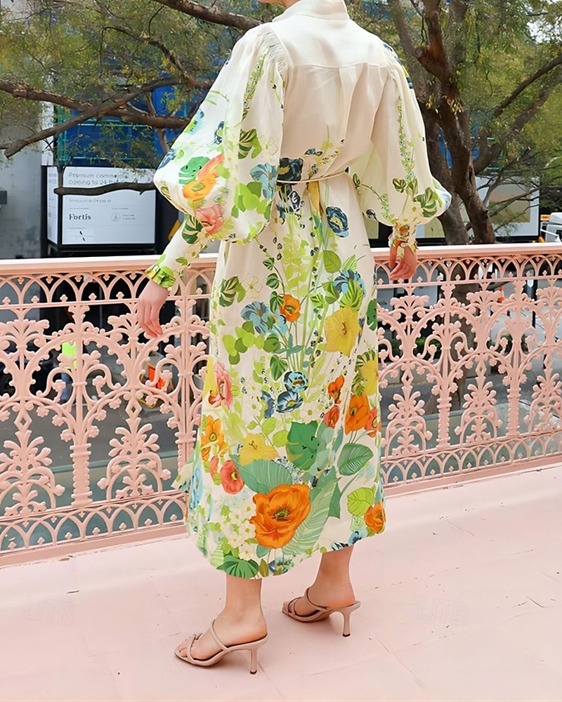 Pentru femei Rochie Lunga Rochie Maxi Rochii de in bumbac Rochie casual Modă Mâneci Bufante În aer liber Petrecere Concediu Fit regulat Floare Manșon Lung Guler Cămașă Trifoi Vară 2025 - $31.99 –P5