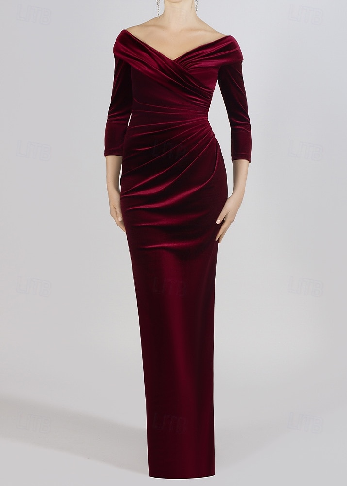 Sammet Meerjungfrau  Trompete Abendkleid Elegantes Kleid Formelle Hochzeit Bodenlang 3/4 Länge Ärmel Off-Shoulder Porträtkragen mit gerafften 2025 - $135.99 –P1
