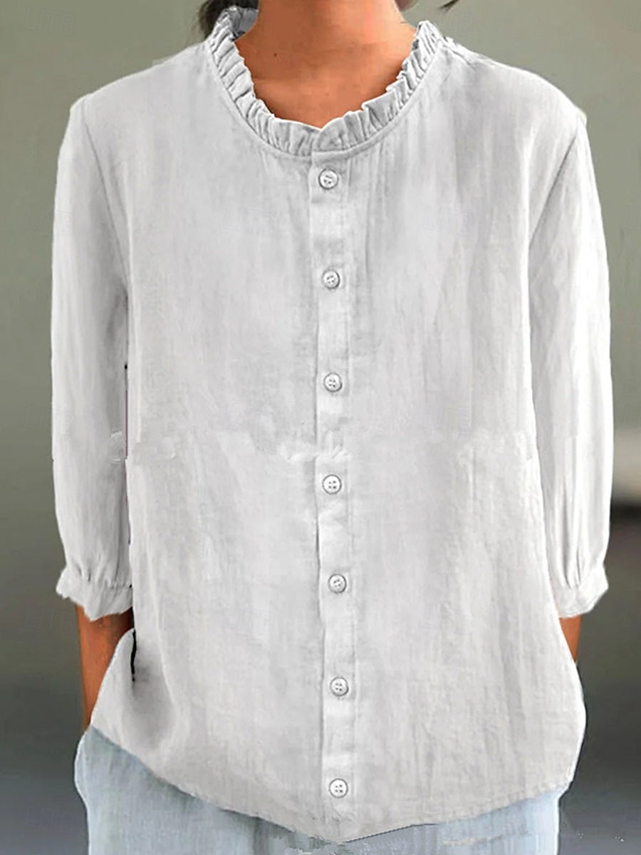 Women's Cotton Linen Blouse Solid Color Elegant Stylish Casual 3/4 Length Sleeve Crew Neck Regular Tops Daily Holiday Buttons Black White Yellow Pink Blue Summer 2025 - $26.99 –P4