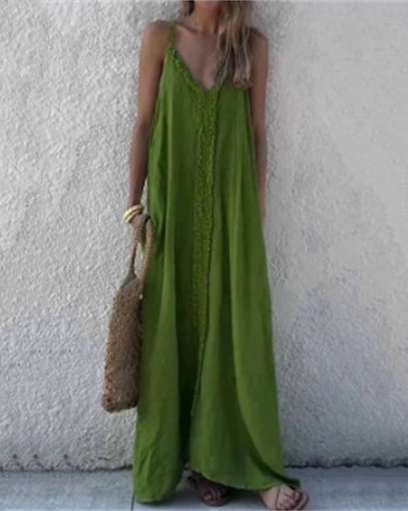 Dámské Dlouhé šaty Maxi šaty Šaty inspirované plátnem Bavlněné lněné šaty Slip Dress Boho šaty Vinobraní Módní Venkovní Párty Dovolená Běžný Bez vzoru Bez rukávů Do V Hnědá Trávová zelená Světle šed 2025 - $32.99 –P4
