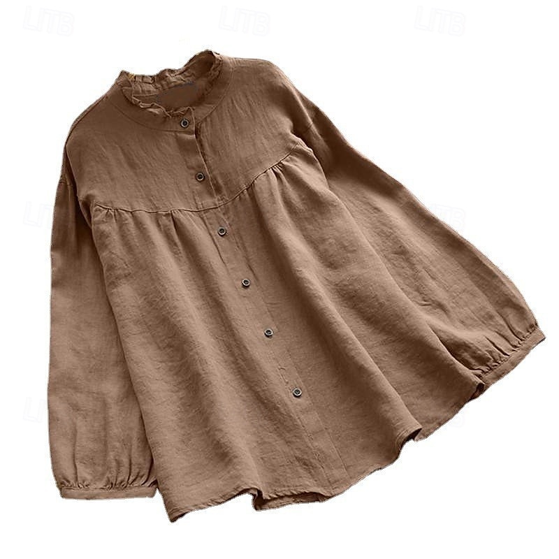 Neujahr Damen Elegante Oberteile Einfach Stilvoll Basic Modern Langarm Bischofsärmel Rundhalsausschnitt Normale Oberteile Arbeit Täglich Clubuniformen Gerafft Knöpfe Tunika Schwarz Purpur Khaki 2025 - $21.99 –P6
