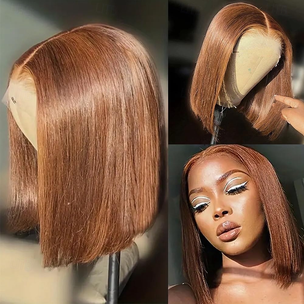 Parrucca in pizzo bobo corto 13*4 con capelli umani castani 4#, capelli umani lisci, densità 150% del 2025 a $150.99 –P2