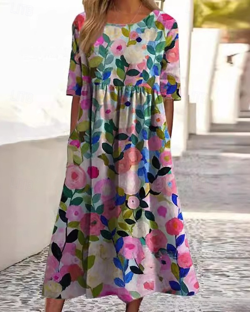 Femmes Robe Midi Robe Décontractée Robe Fleurie Classique Moderne Extérieur Quotidien Fête Coupe régulière Fleur Manche Courte Col ras du cou Jaune Bleu Fuchsia Abricot Été de 2025 ? $22.99 –P4
