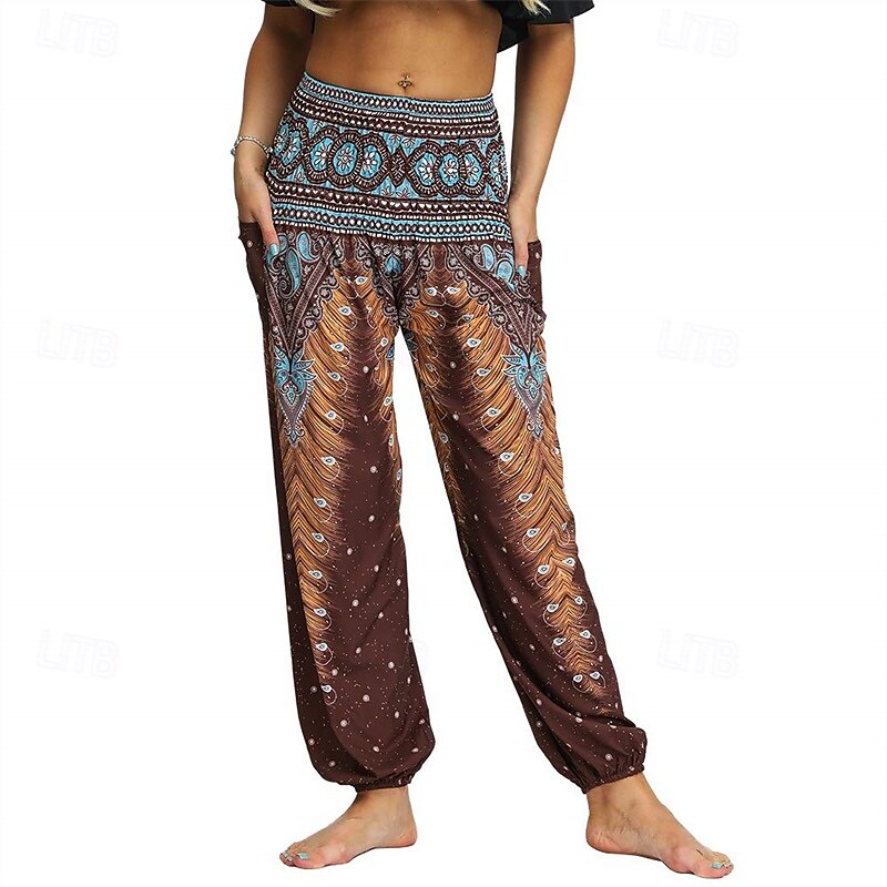 Retro Antiguo Boho Años 70 Pantalones Harem Pantalones de yoga Hippie Cintura elástica Pavo real Plumas Mujer Víspera de Todos los Santos Carnaval vacaciones en la playa Fiesta temática retro Festival 2025 - $27.99 –P3