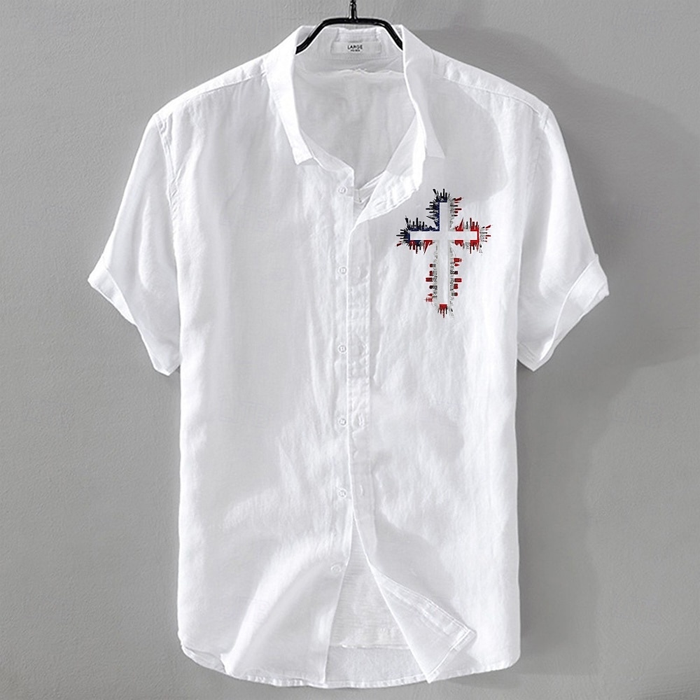 Herren Leinenhemd Freizeithemd Baumwoll-Leinen-Hemd Knopfhemd Muster Urlaub Straße Weiß Dunkelmarine Himmelblau Khaki Kurzarm Revers Sommer Bekleidung Schnalle 2025 - $17.99 –P5
