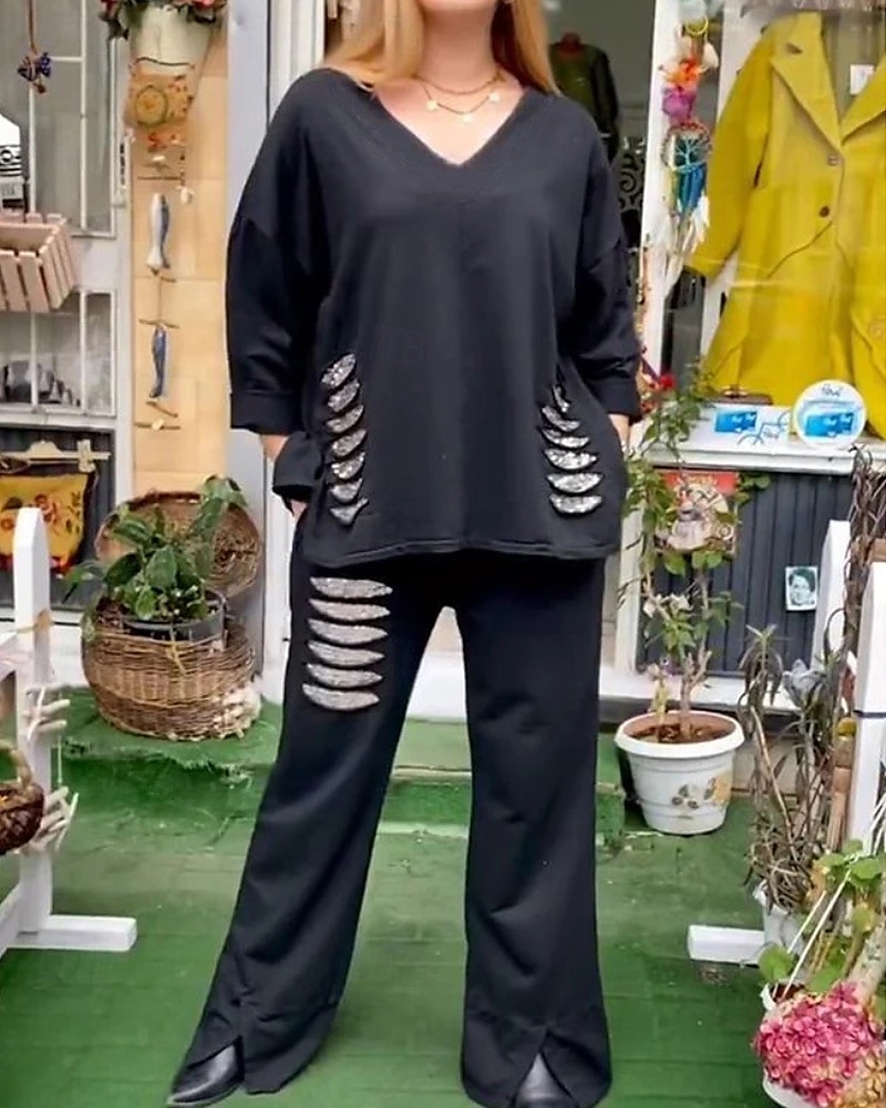 Pentru femei Activ Modă Cămăși Bumbac In Bluză Seturi de pantaloni Manșon Lung În V Culoare solidă Paiete Vacanță Casul / Zilnic Negru Alb Roșu-aprins Vară Fit regulat 2025 - $34.99 –P8