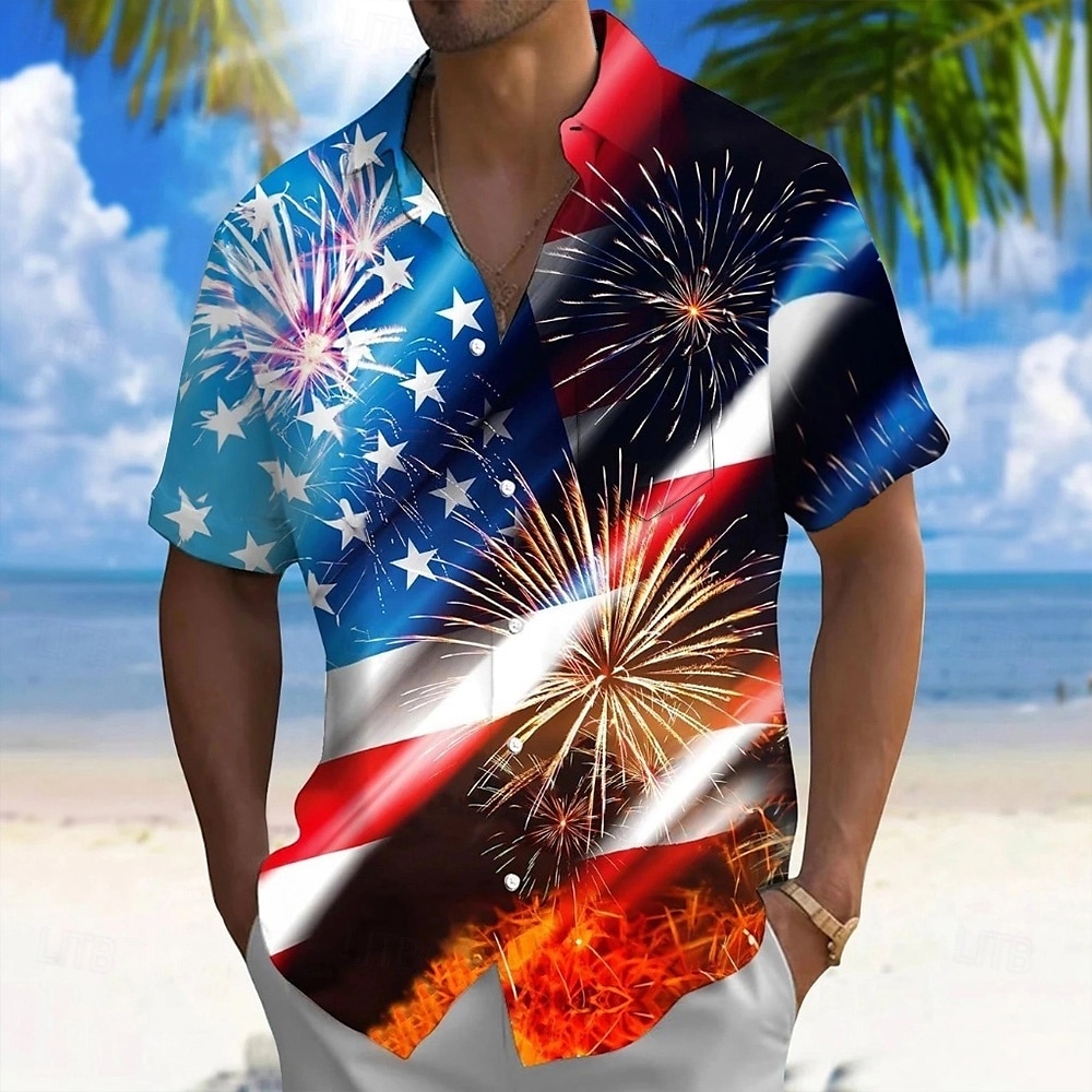 Independence Day Voor heren Amerikaanse Amerikaanse vlag Vaderlandslievend Vuurwerk Overhemd Zomer overhemd Overhemd met knopen Korte mouw Mode-casual Feestdagen Zomer Lente Strijkijzer 3D-afdrukken 2025 - $23.99 –P1