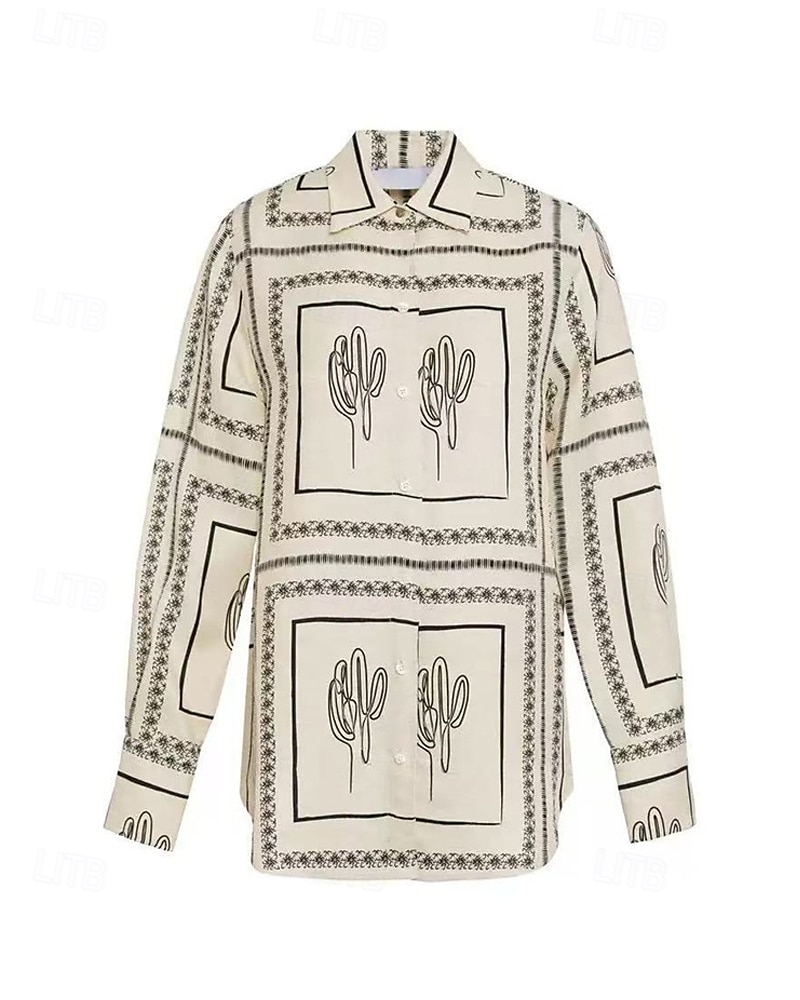 Femmes Mode Streetwear Chemises en coton et lin Ensembles en coton et lin Ensembles de Pantalons Manche Courte Col de chemise Géométrique Imprimé Tenue quotidienne Date Beige Été Coupe régulière de 2025 ? $44.99 –P7
