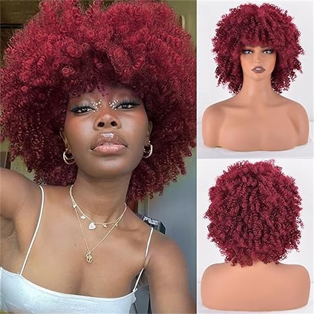 Perruques afro pour femmes noires 10 pouces 230g/pièce Perruque synthétique résistante à la chaleur avec des frisottis courts et une frange pour fête des années 70 Halloween de 2025 ? $25.99 –P6