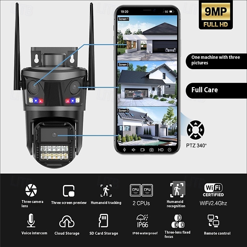 2025年 9MPトリプルレンズ屋外Wi-Fiセキュリティカメラ - 自動追跡、3画面プレビュー、ナイトビジョン、IP66防水機能付きPTZ監視カメラ  コレクション – $101.99 –P1