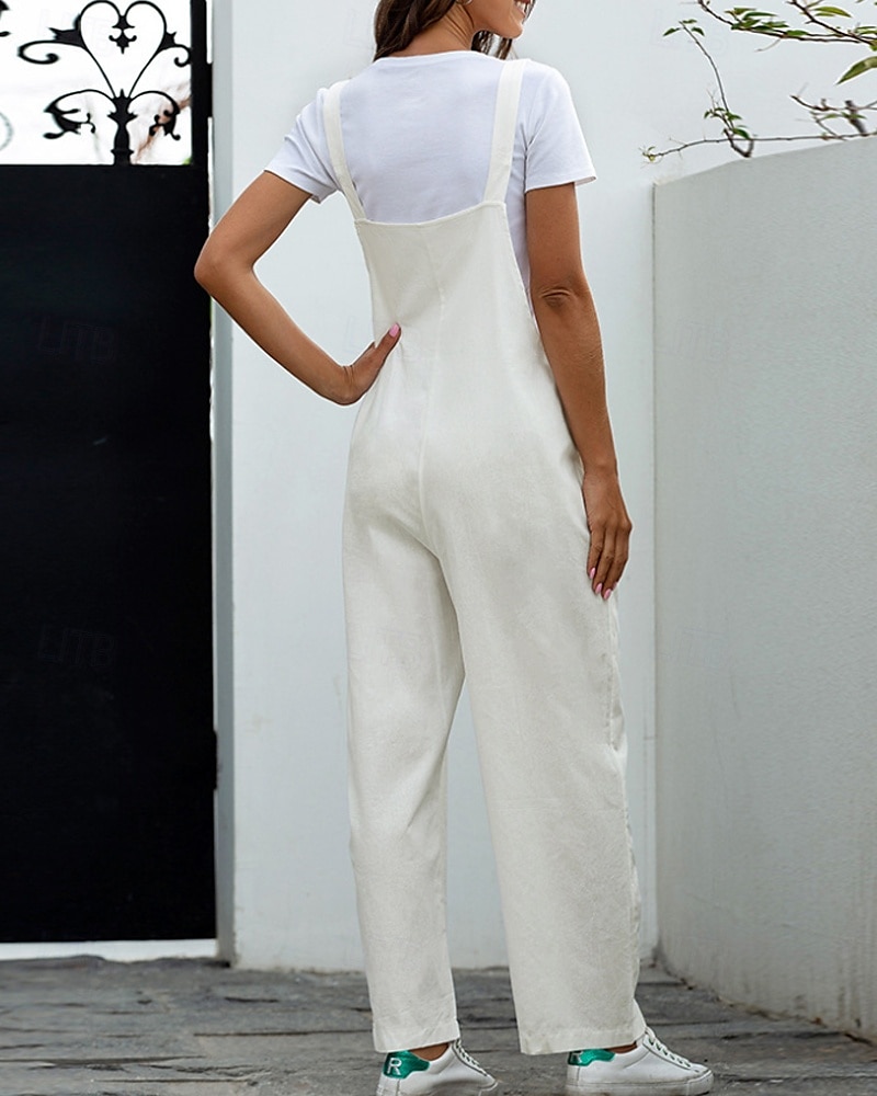 Femmes Normal Pantalon en coton et lin Basique Couleur Unie Sans manches Col en U Avec Poches Rue Sortir Coupe régulière Noir Blanche bleu marine Été de 2025 ? $29.99 –P20