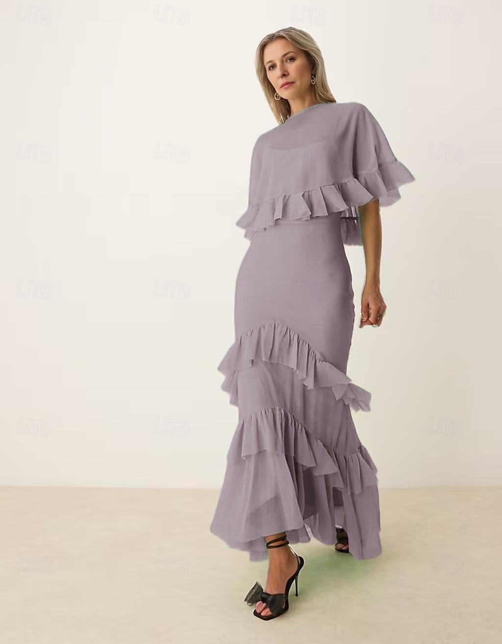 A-Linie Brautmutter Kleid Rohe Kanten Einfach Minimalistisch Boot-Ausschnitt Bodenlang Chiffon Kurzarm mit Kaskade Rüschen 2025 - $123.99 –P6