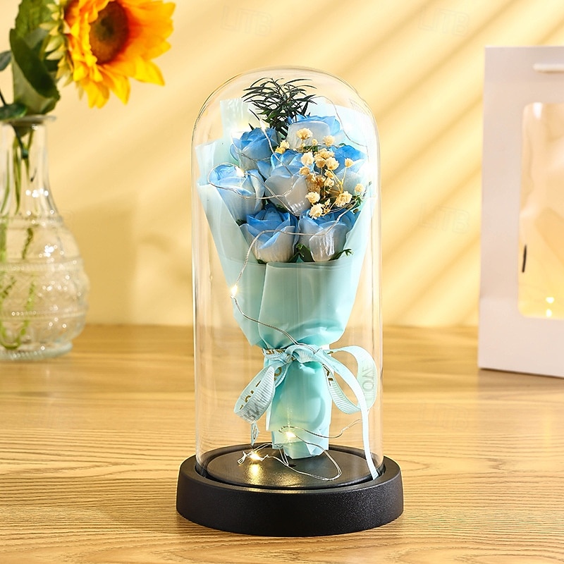El ramo de rosas eternas, regalo para mamá, flores de jabón preservadas en cúpula de vidrio con luz, decoración de cumpleaños del día de la madre para mujeres 2026 - $15.99 –P24