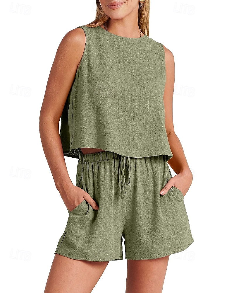 Damen Aktiv Basic Baumwoll-Leinen-Sets Bluse Shorts-Sets Ärmellos Rundhalsausschnitt Einfarbig Kordelzug Ausgehen Wochenende Schwarz Blau Orange Sommer Normale Passform 2025 - NZ $63.49 –P11