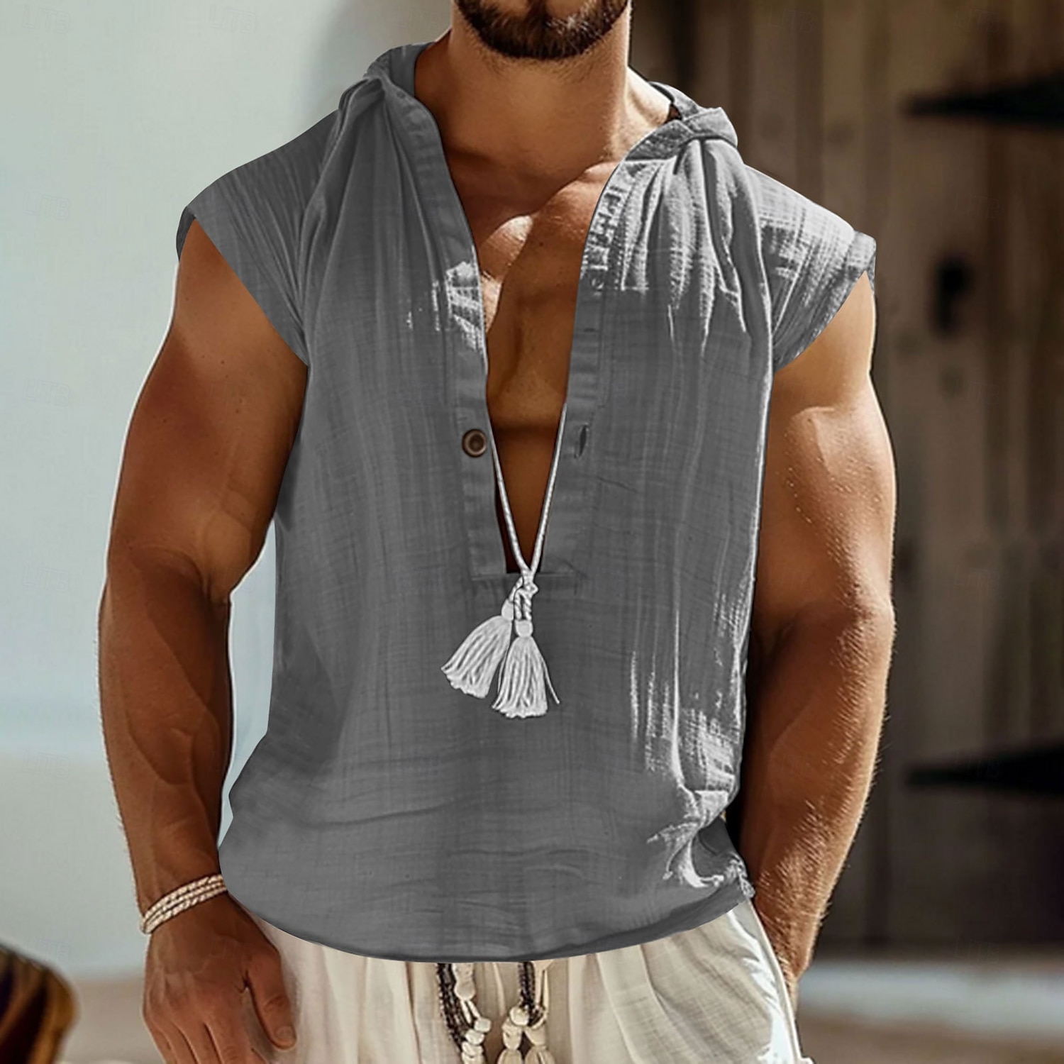 Men's Shirt Linen Shirt Viking Style Popover Shirt Summer Shirt Beach Wear Solid Color Vacation Home Black Navy Blue Sky Blue Green Sleeveless Hoodie Summer Spring Clothing Apparel 2025 - $21.99 –P3