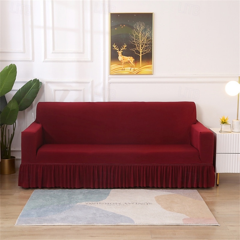 sofatrekk med skjørt ensfarget skjørtstil sofatrekk enkelhet til stue sofatrekk sesongstiler elastisk sofatrekk sofahåndkle stolbeskytter 1 stk 2025 - $27.99 –P15