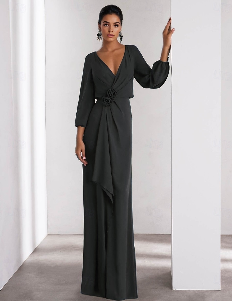Linea ad A Abito da Sera Elegante Vestito Formale Matrimonio Lunghezza al pavimento Manica Lunga Scollo a V Crepe Elasticizzato con Volant 2025 del 2025 a $137.99 –P6