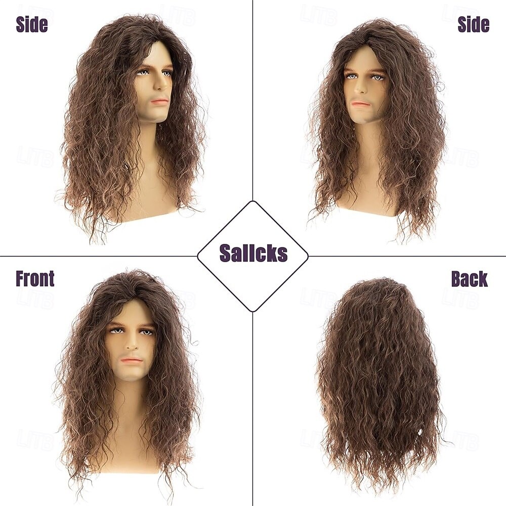 Mens Long Curly Brown Wig Synthetic Hair 70s 80s Rocker Cosplay Costume Halloween Party Wigs 2025 - $27.99 –P5
