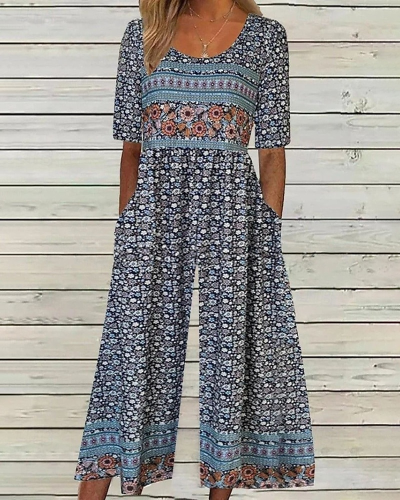 Mulheres Normal Macacão Casual Floral Manga Curta Gola Redonda Imprimir Rua Diário Normal Azul Damasco Verão de 2026 por $31.99 –P3