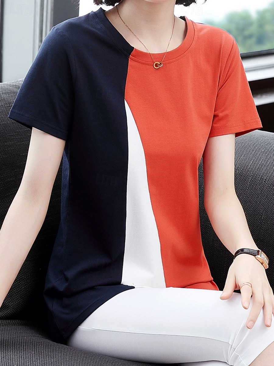 Dame Bluse Geometrisk Fargeblokk Stilfull Fritid Kortermet Crew-hals Vanlige topper Daglig Trykt mønster Svart Gul Blå Oransje Brun Sommer 2025 - $13.99 –P5