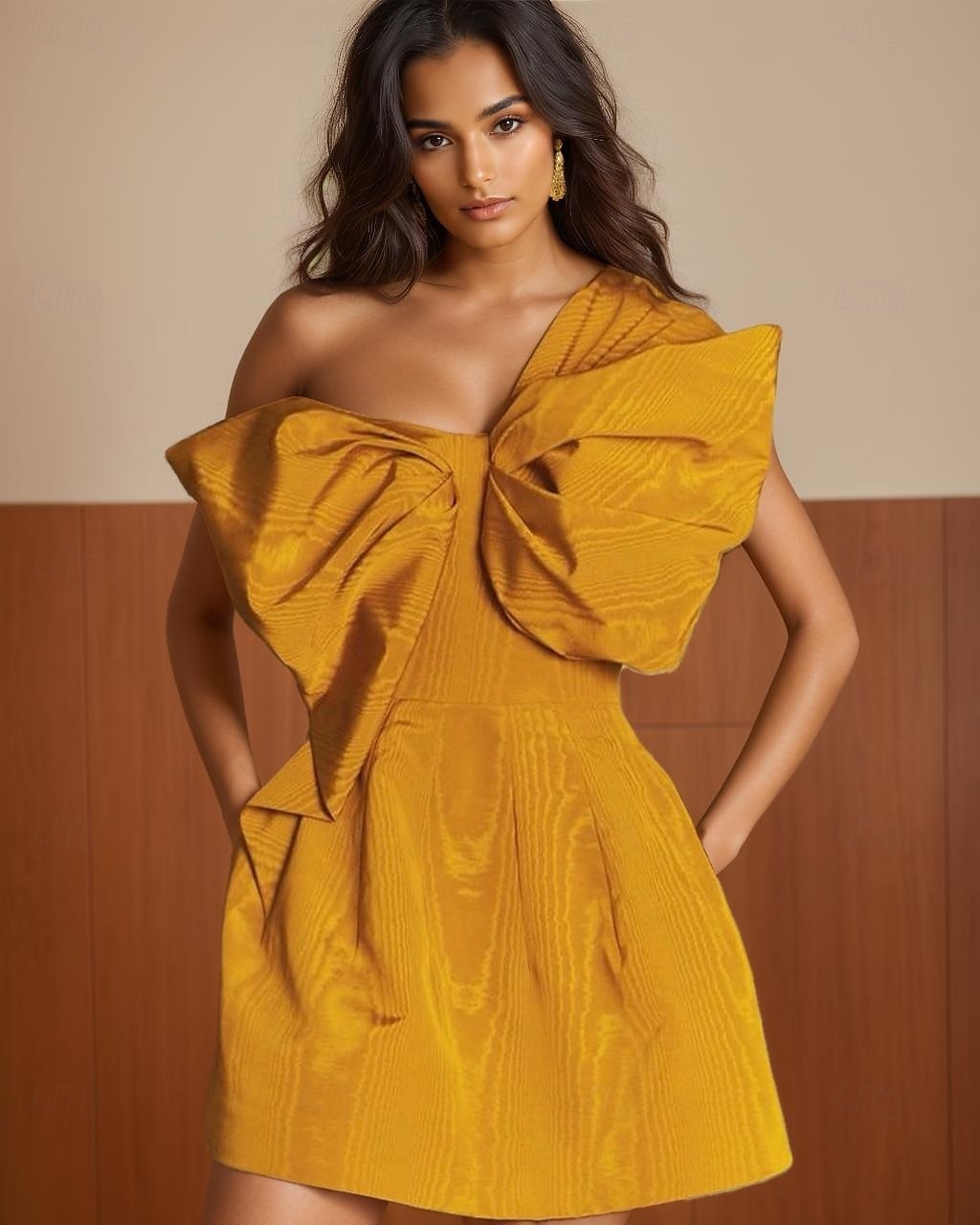 Robe Moire moutarde jaune haute couture robe de bal A-Line robes de retour à la maison jacquard élégant robe formelle semi-formelle mariage courte  mini sans manches épaule unique avec nœud(s) robe de 2025 ? $139.99 –P1
