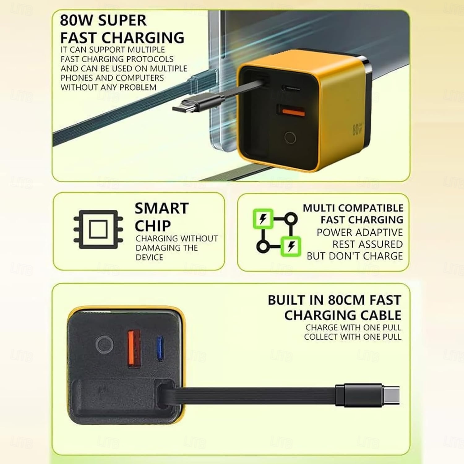 3 in 1 GaN Charger,Scalable 80w Max Fast Charger Module with Type-C Cable and 2 USB Ports, for iPhone, Phone and Laptops 2025 - $28.99 –P4