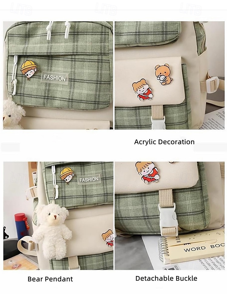 Girls 5-piece school backpack set with messenger bag, Pencil bag, Coin purse - Cute patchwork plaid design, Lightweight and durable, Suitable for teenagers and daily use 2025 - $32.99 –P6