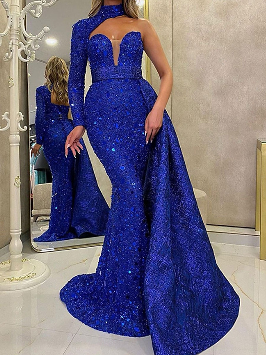 Abiti Quinceanera A-Line Abito Elegante Matrimonio Matrimonio Ospite Lungo Maniche Lunghe Una Spalla Senza Schiena con Paillettes del 2025 a $119.99 –P2