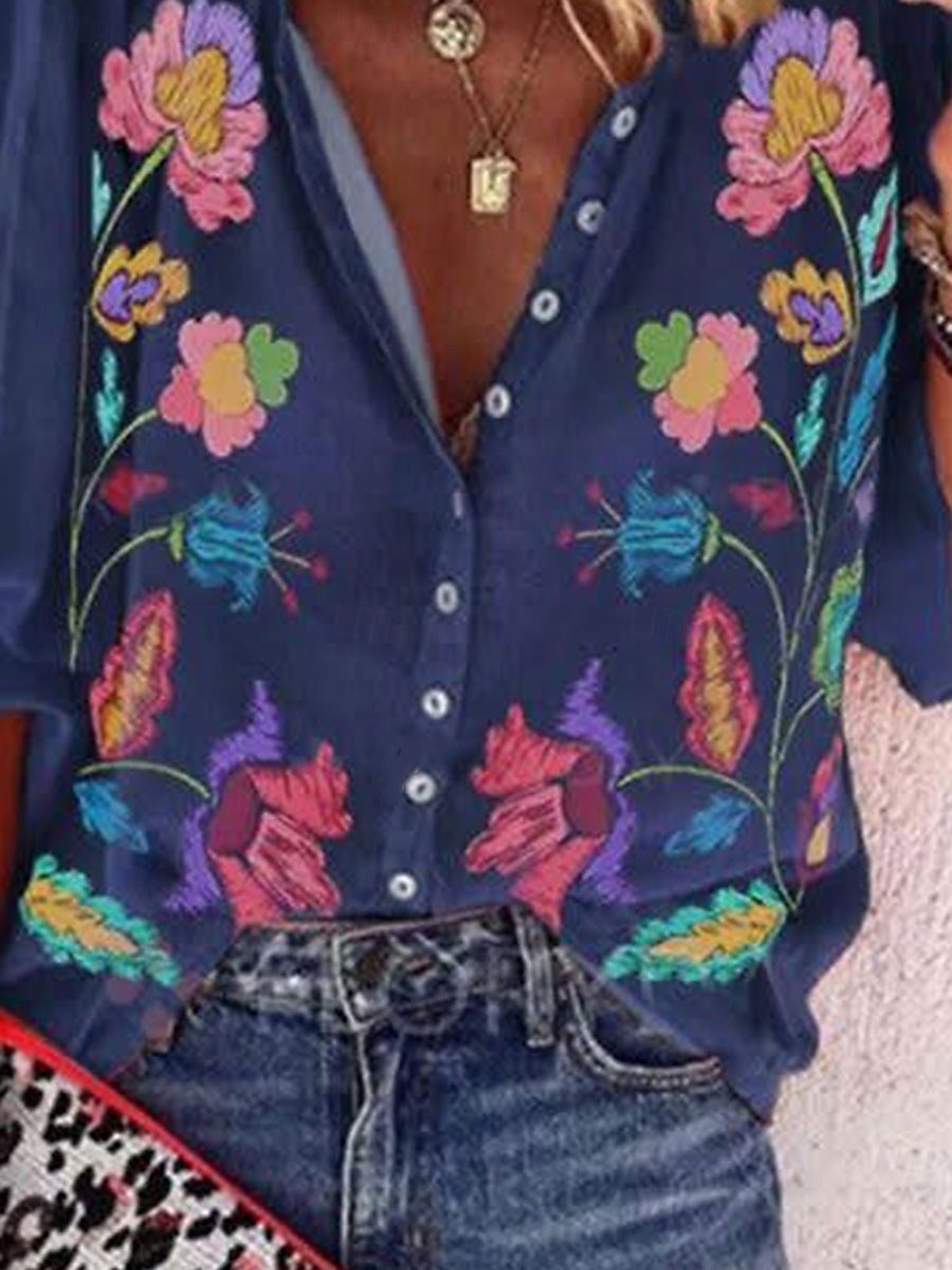 Dame Bluse Blomstret Grafisk Bohem Daglig Fritid 3/4 ermer Høyhalset Vanlige topper Rynket Broderi Knapper Navyblå Lilla Sommer Vår 2025 - $34.99 –P3