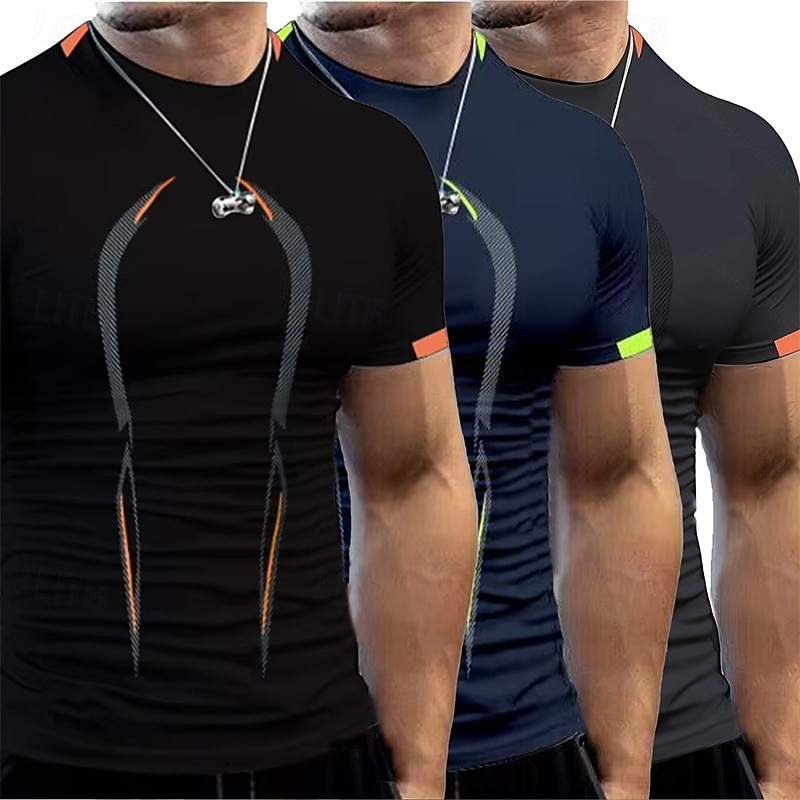 Multi-pakketten 3 stuks Voor heren Strakke ronde hals Korte Mouw Groen+Marineblauw+Zwart T-shirt Kleurenblok Sportief Sport Polyester Zomer 2026 - $33.99 –P5