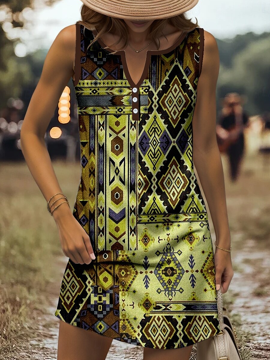 Pentru femei Rochie Mini Rochie de Vară Rochie A line Rochie de vară Rochie cu umeri Casual Concediu Plajă Fit regulat Grafic Tribal Fără manșon În V Galben Roșu-aprins Albastru piscină Mov Var 2025 - $21.99 –P5