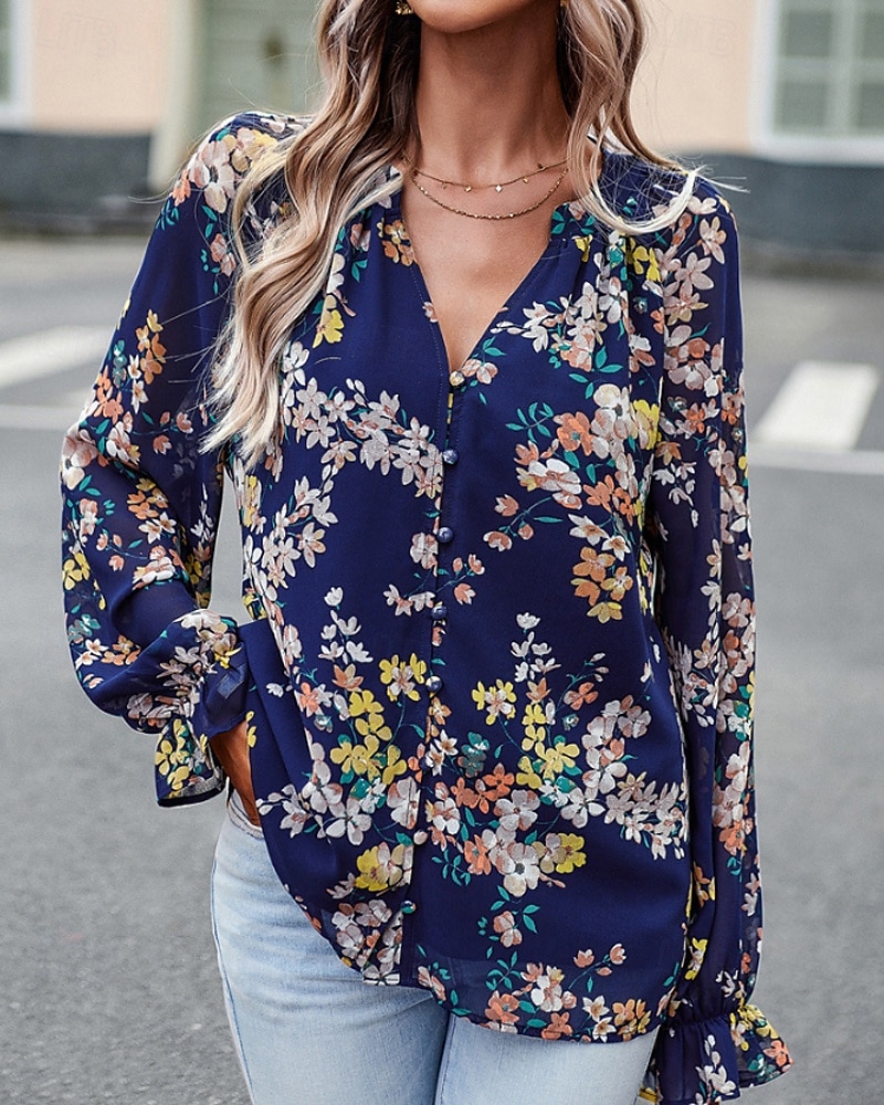 Femmes Chemise Bohème Chemisier Fleur Moderne Boho manche longue Col en V Hauts Réguliers Quotidien Sortir Imprimé Noir bleu marine Bleu Abricot Été de 2025 ? $26.99 –P3