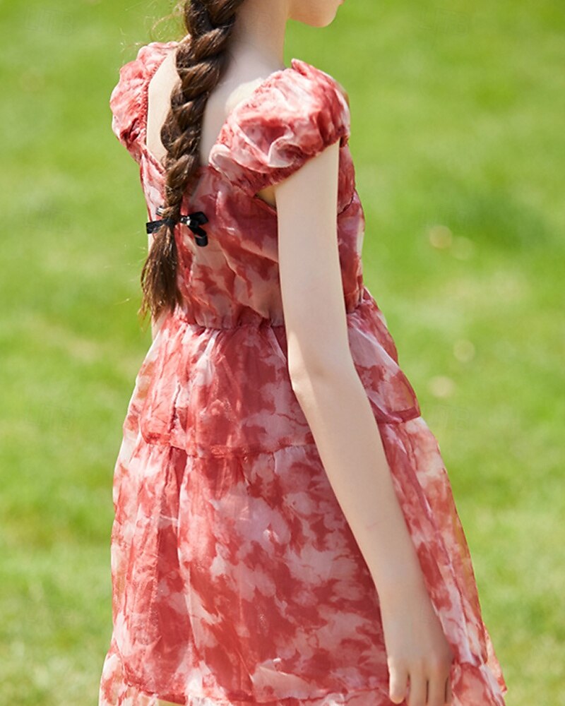 Kids Girls' Dress Flower Short Sleeve Outdoor Ruched Fashion Adorable Polyester Knee-length Casual Dress Floral Dress Summer 4 years+ Red 2025 - $51.99 –P7