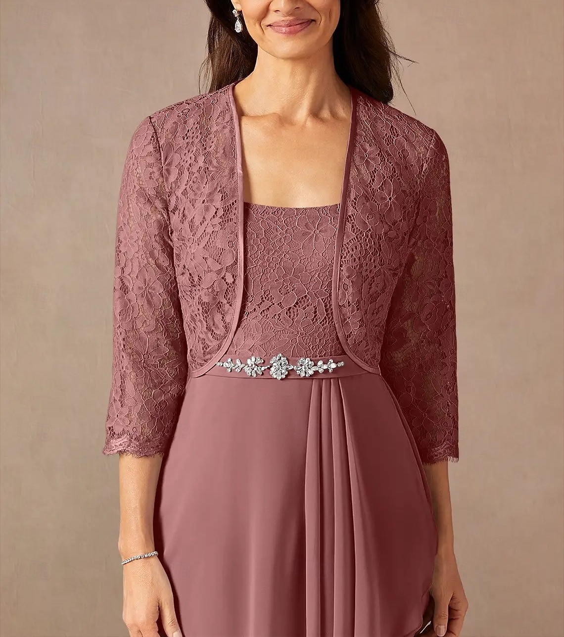 Tvådelad A-linjeformad Mor till Brud-Klänning Bröllopsgäst Elegant Söt Rundhalsad Golvlängd Chiffon Spets 3/4 Längd Ärmar med Spetspärlor Volanger 2025 - $172.99 –P3