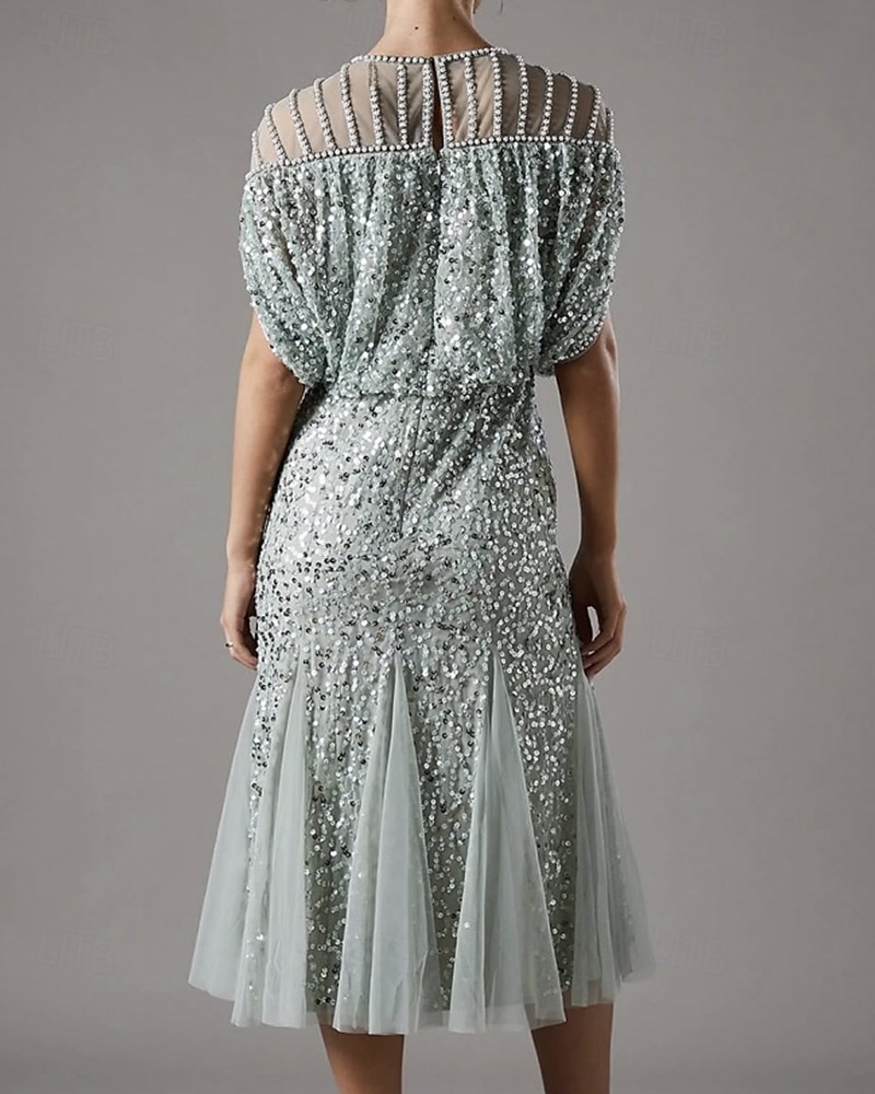 Robe A-Line Mère de la Mariée Mariage Plage Simple Luxueuse Col Ronde Robe Invité de Mariage Longueur Thé Midi Longueur Dentelle Sequins Manches Courtes avec Perles de 2025 ? $159.99 –P3