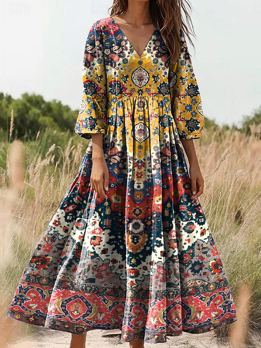 Damen Maxikleid Sommerkleid A Linie Kleid Faltenkleid Urlaub Lässig Boho Ausgehen Lässiger Schnitt Blumen Grafik Dreiviertelarm V Ausschnitt Schwarz Gelb Blau Grün Sommer Frühling 2025 - $35.99 –P3