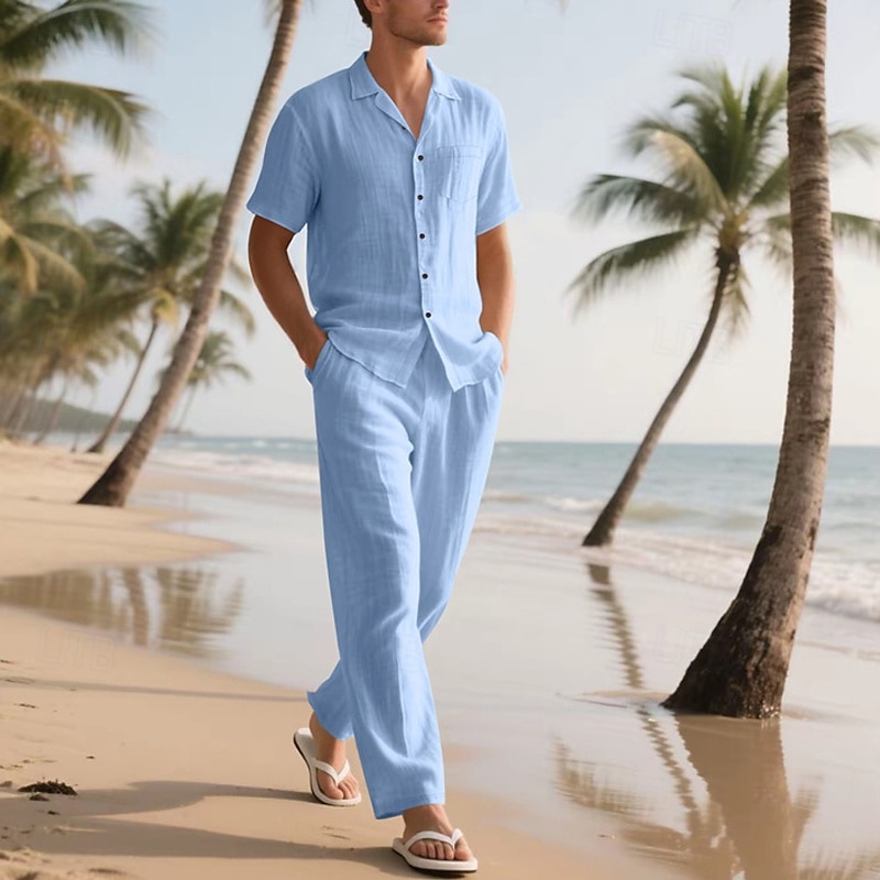 Men's Shirt Suits Shirt and Pant Sets 2 Pieces Outfits Short Sleeve Lapel Summer Plain Fashion Casual 2 Piece Vacation Daily Wear Going out Black White Khaki Top Tee for Men 2025 - $40.99 –P16