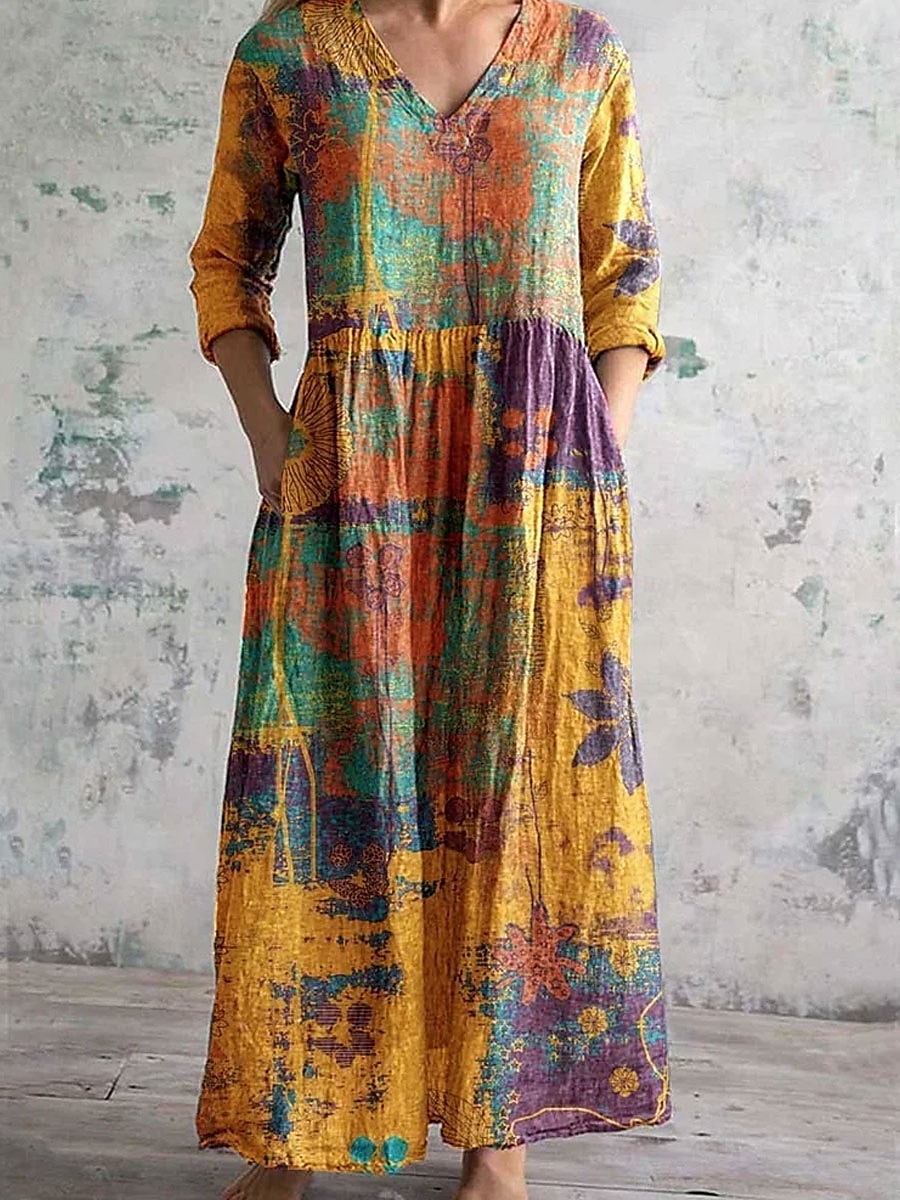 Femmes Robe Midi Robe trapèze Robe d'été Élégant Bohème Ethnique Coupe Ample Fleuri Graphique Manche 3/4 Col en V Jaune Rouge Kaki Été de 2025 ? $35.99 –P3